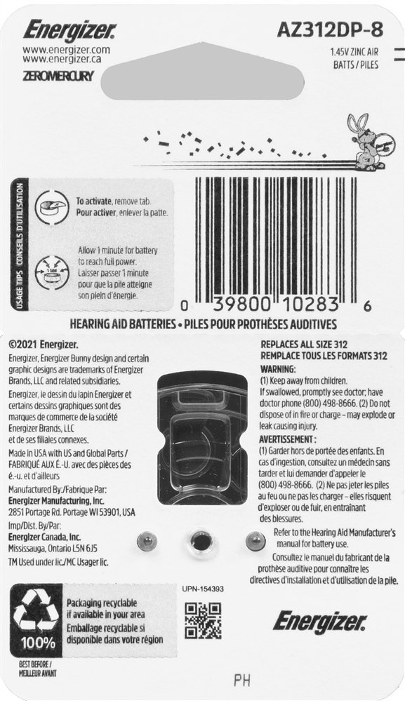 Energizer Hearing Aid Batteries Size 312