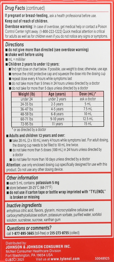 Tylenol Children + Adult Pain + Fever Acetaminophen 160 mg Oral Suspension Dye-Free Cherry – Image 5