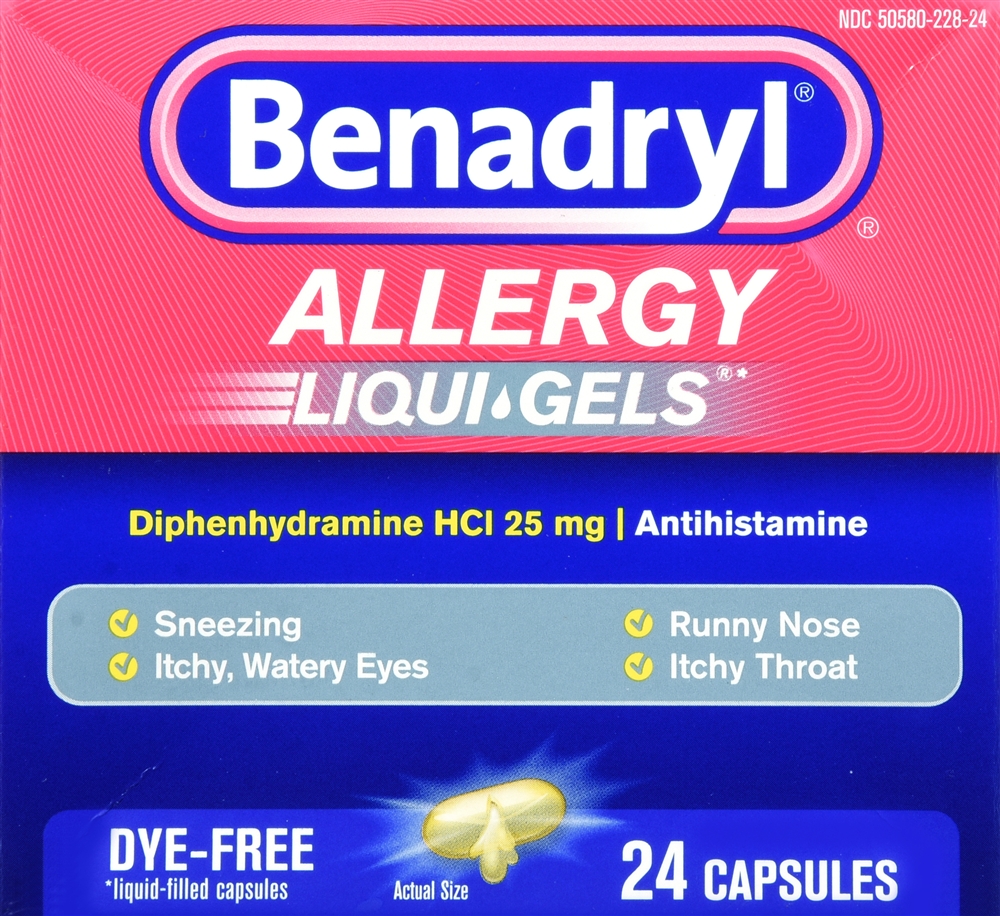 Benadryl Allergy Diphenhydramine HCl 25 mg Antihistamine Liqui-Gels Dye-Free