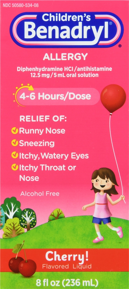 Benadryl Children's Allergy Diphenhydramine HCl 12.5 mg Antihistamine Liquid Cherry – Image 2
