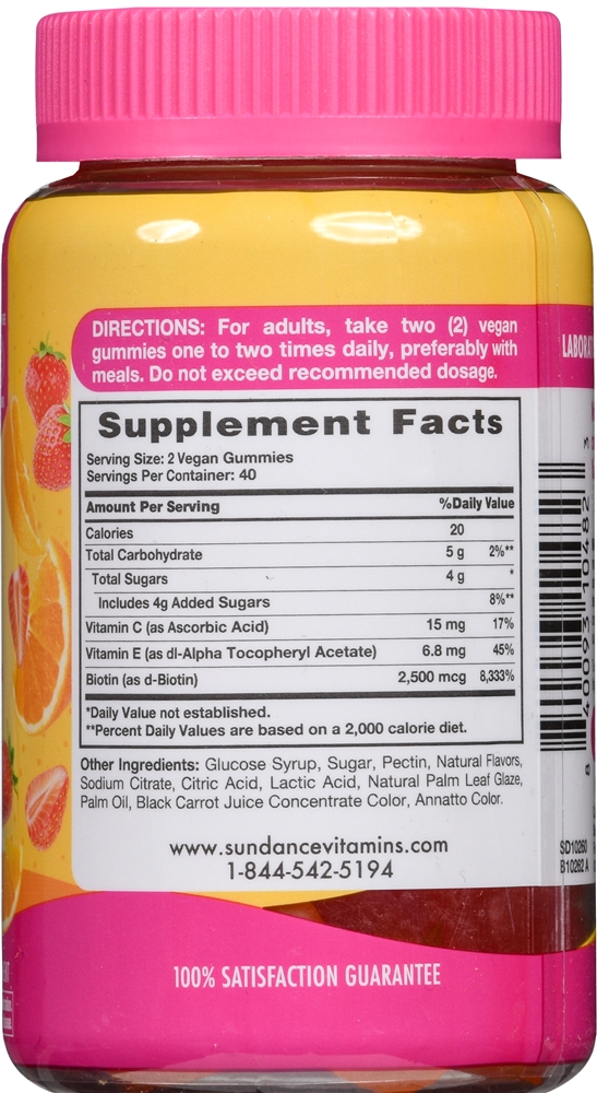Sundance Hair, Skin & Nails + Biotin 2500 mcg Vegan Gummies Natural Fruit – Image 3
