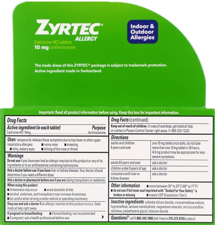 Zyrtec Allergy Cetirizine HCI 10 mg 24 Hour Tablets – Image 2