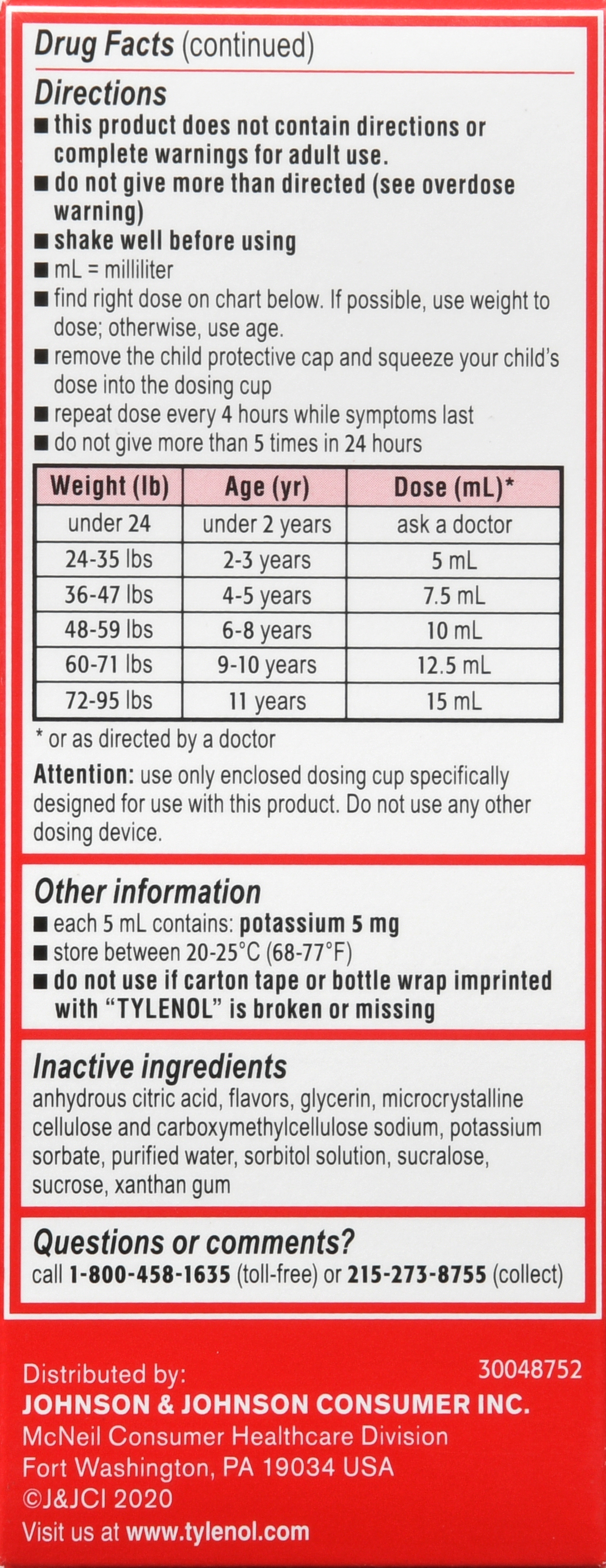 Tylenol Children's Pain + Fever Acetaminophen 160 mg Oral Suspension Dye-Free Cherry – Image 15