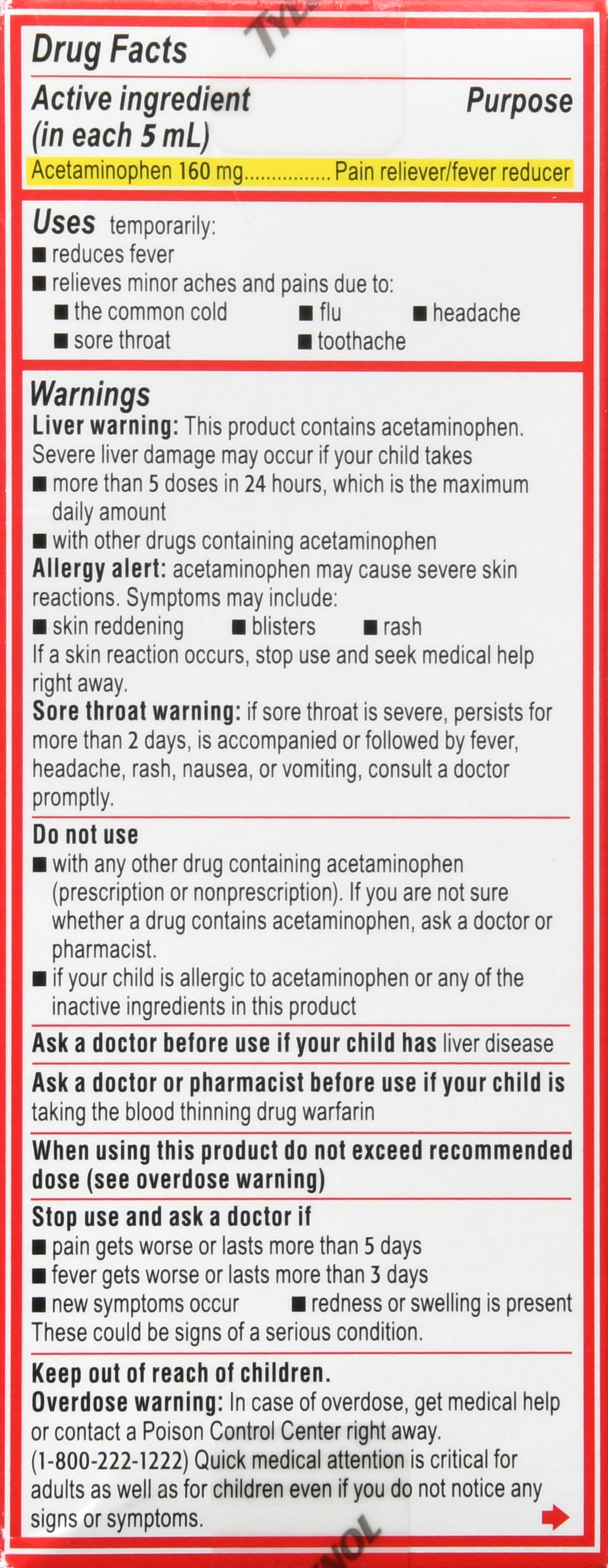 Tylenol Children's Pain + Fever Acetaminophen 160 mg Oral Suspension Dye-Free Cherry – Image 16