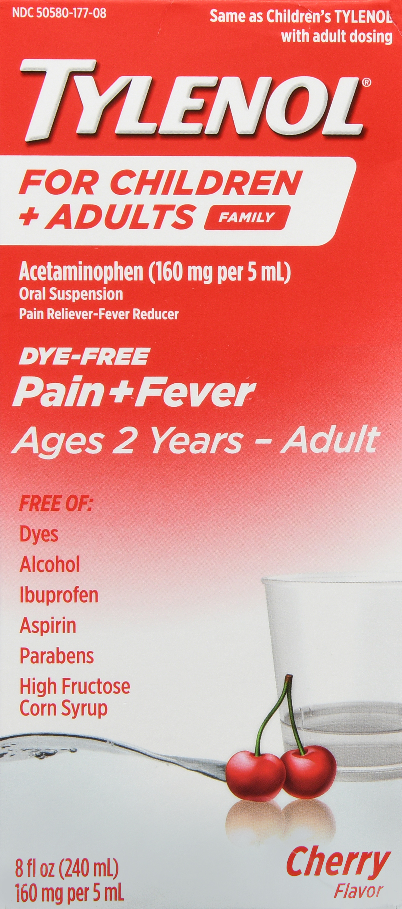 Tylenol Children + Adult Pain + Fever Acetaminophen 160 mg Oral Suspension Dye-Free Cherry – Image 17