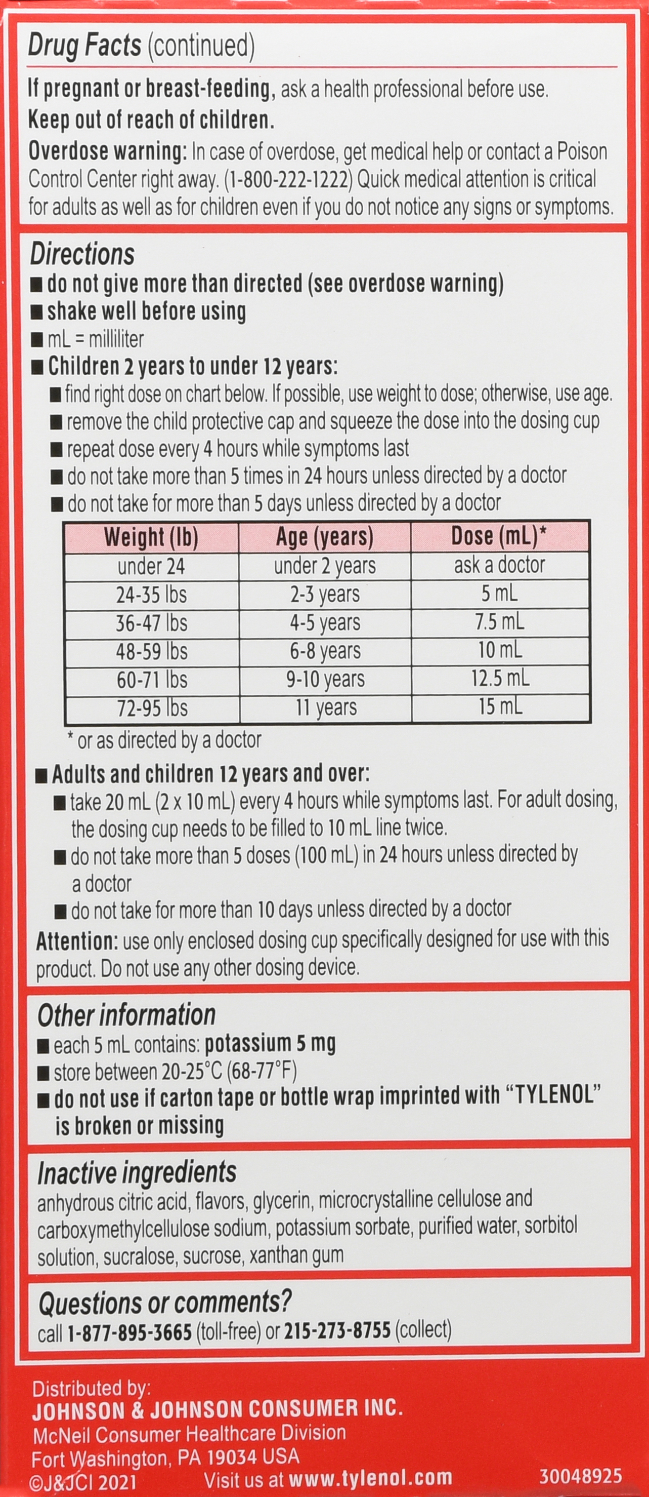 Tylenol Children + Adult Pain + Fever Acetaminophen 160 mg Oral Suspension Dye-Free Cherry – Image 15