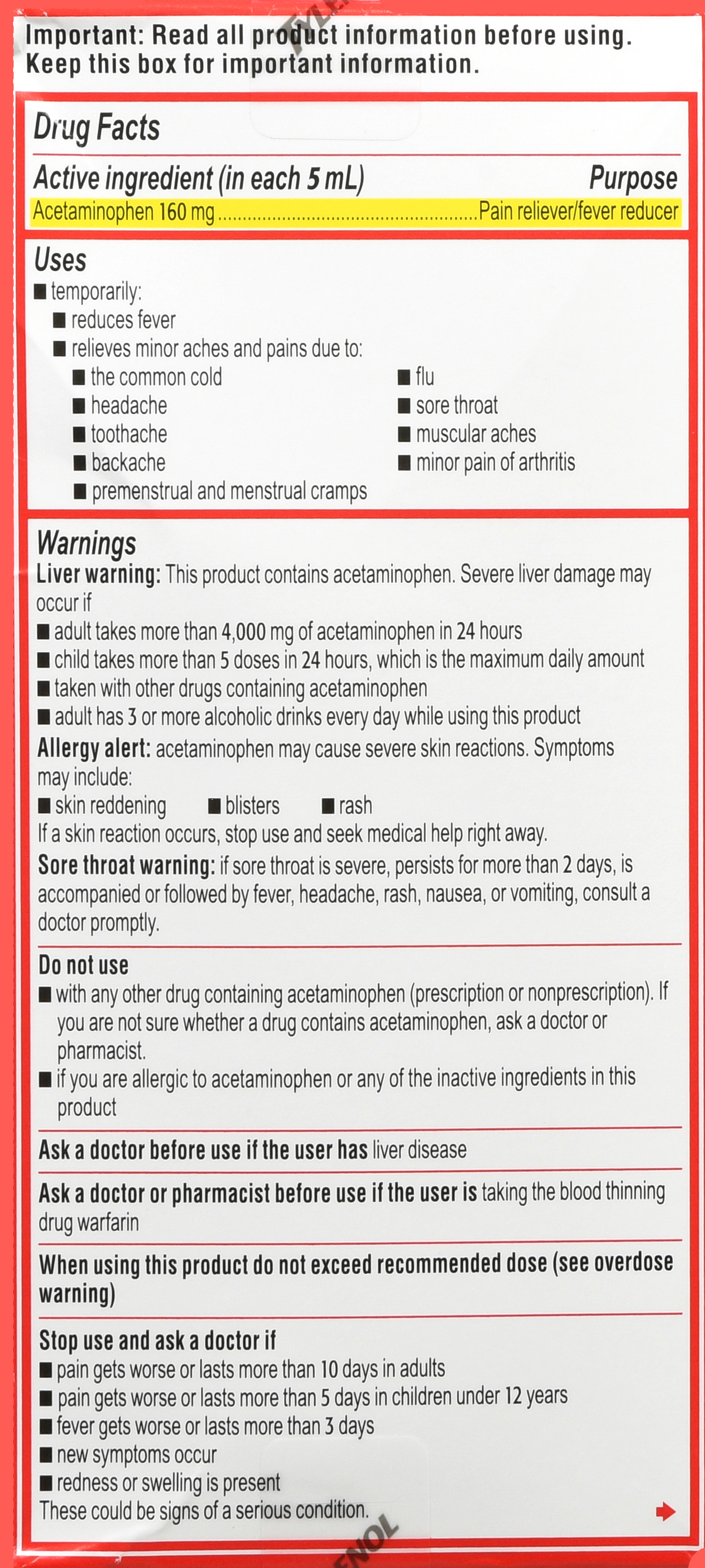 Tylenol Children + Adult Pain + Fever Acetaminophen 160 mg Oral Suspension Dye-Free Cherry – Image 18