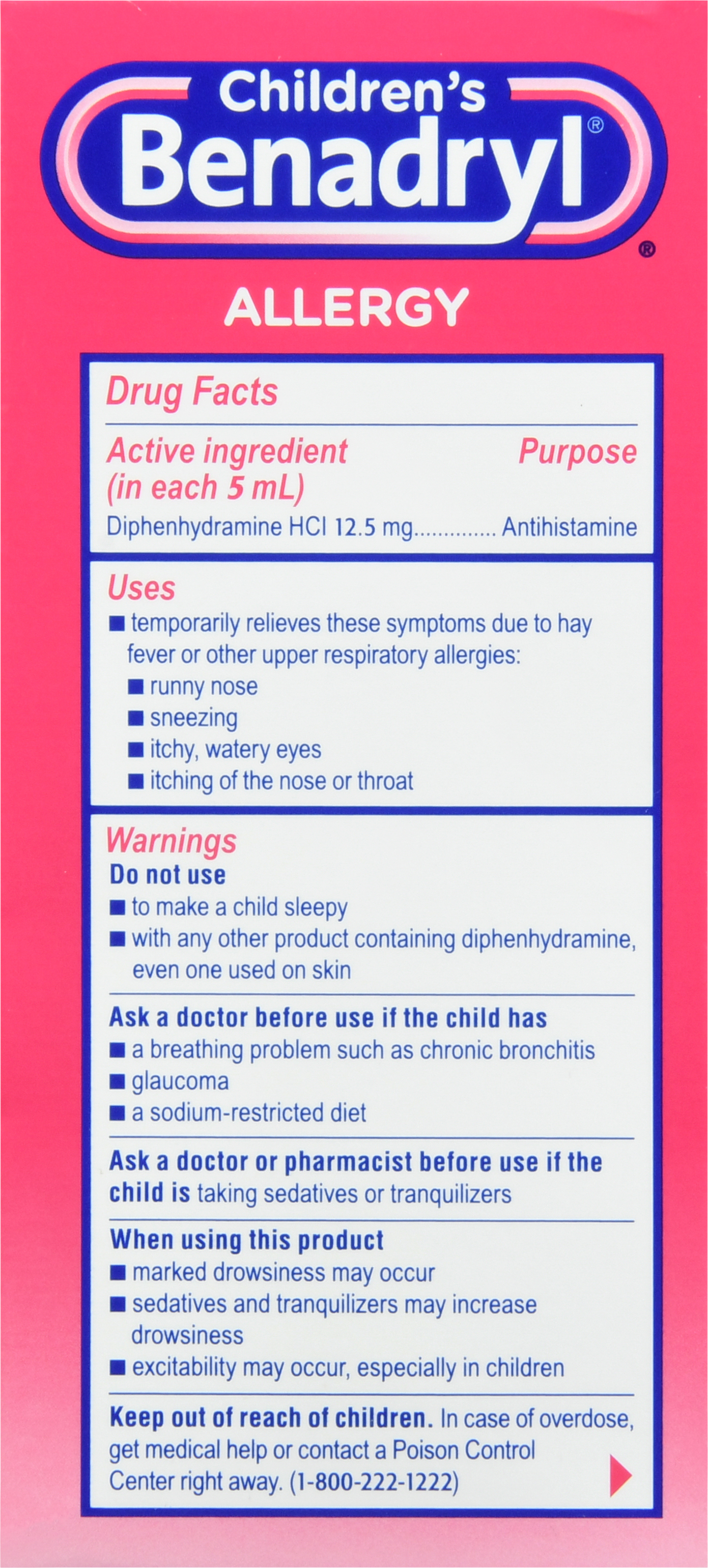 Benadryl Children's Allergy Diphenhydramine HCl 12.5 mg Antihistamine Liquid Cherry – Image 18