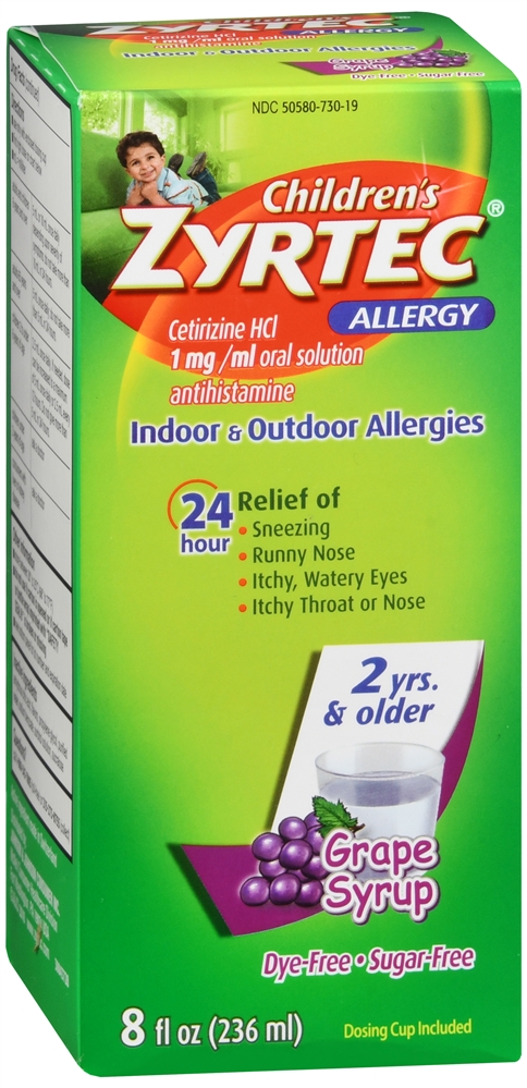 Zyrtec Children's Allergy Cetirizine HCI 1 mg/ml 24 Hour Dye Free, Sugar Free Grape Syrup 4OZ