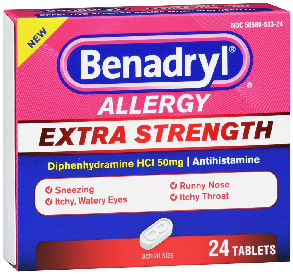 Benadryl Allergy Diphenhydramine HCl 50 mg Antihistamine Tablets Extra Strength