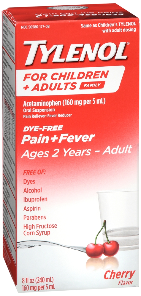 Tylenol Children + Adult Pain + Fever Acetaminophen 160 mg Oral Suspension Dye-Free Cherry – Image 3