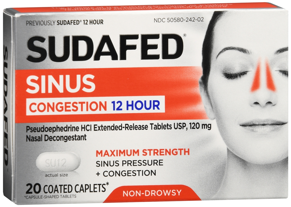 SUDAFED Sinus Congestion Pseudoephedrine HCl Coated Caplets Maximum Strength 12 Hour – Image 6