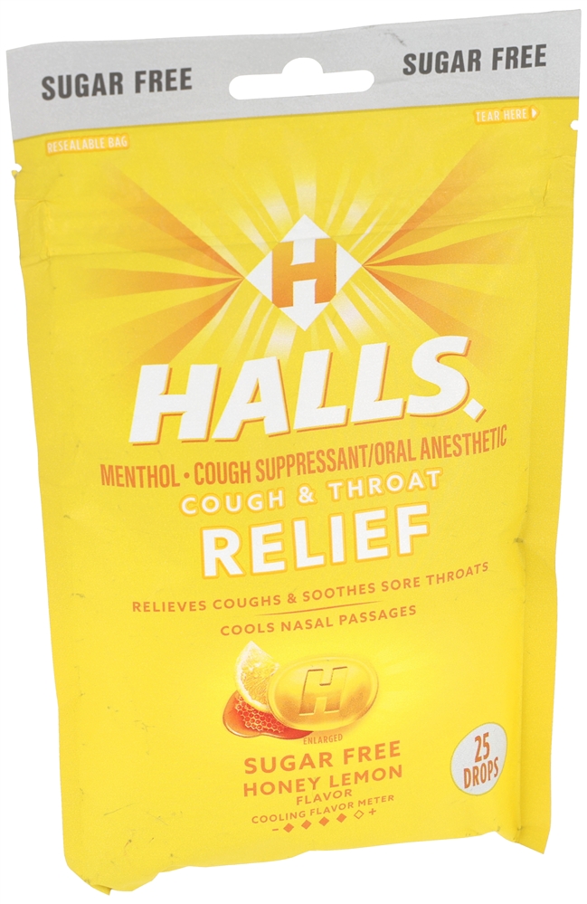 Halls Cough & Throat Relief Menthol Drops Sugar Free Honey Lemon