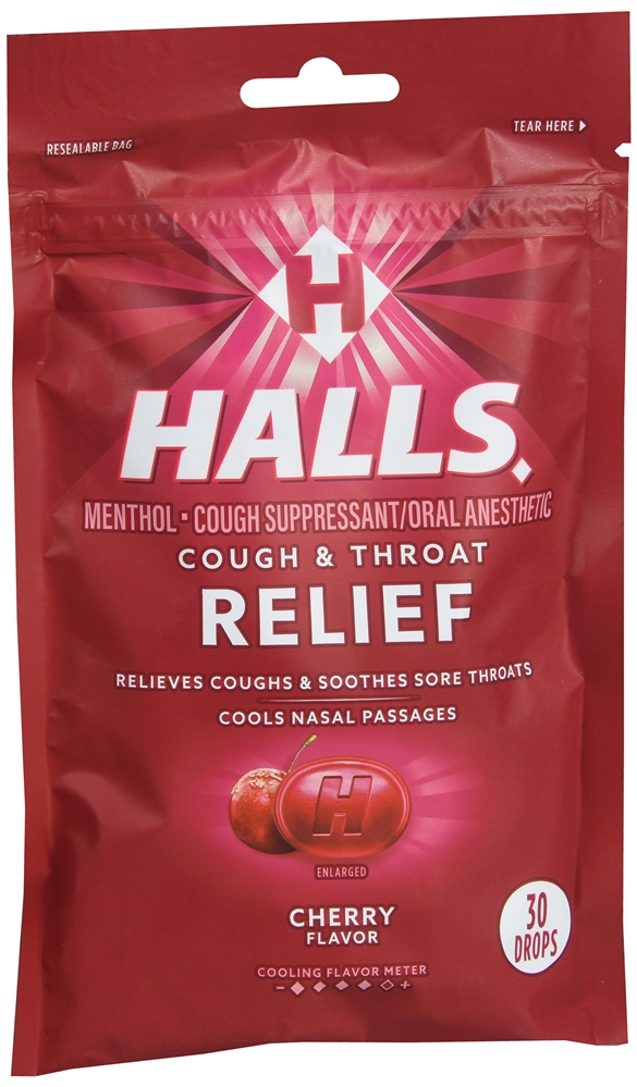 Halls Cough & Throat Relief Menthol Drops Cherry
