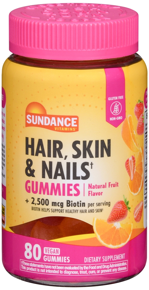 Sundance Hair, Skin & Nails + Biotin 2500 mcg Vegan Gummies Natural Fruit