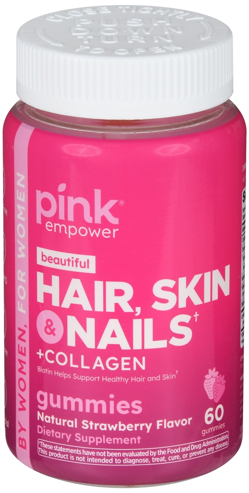 Pink Beautiful Hair, Skin & Nails + Collagen Gummies Natural Strawberry