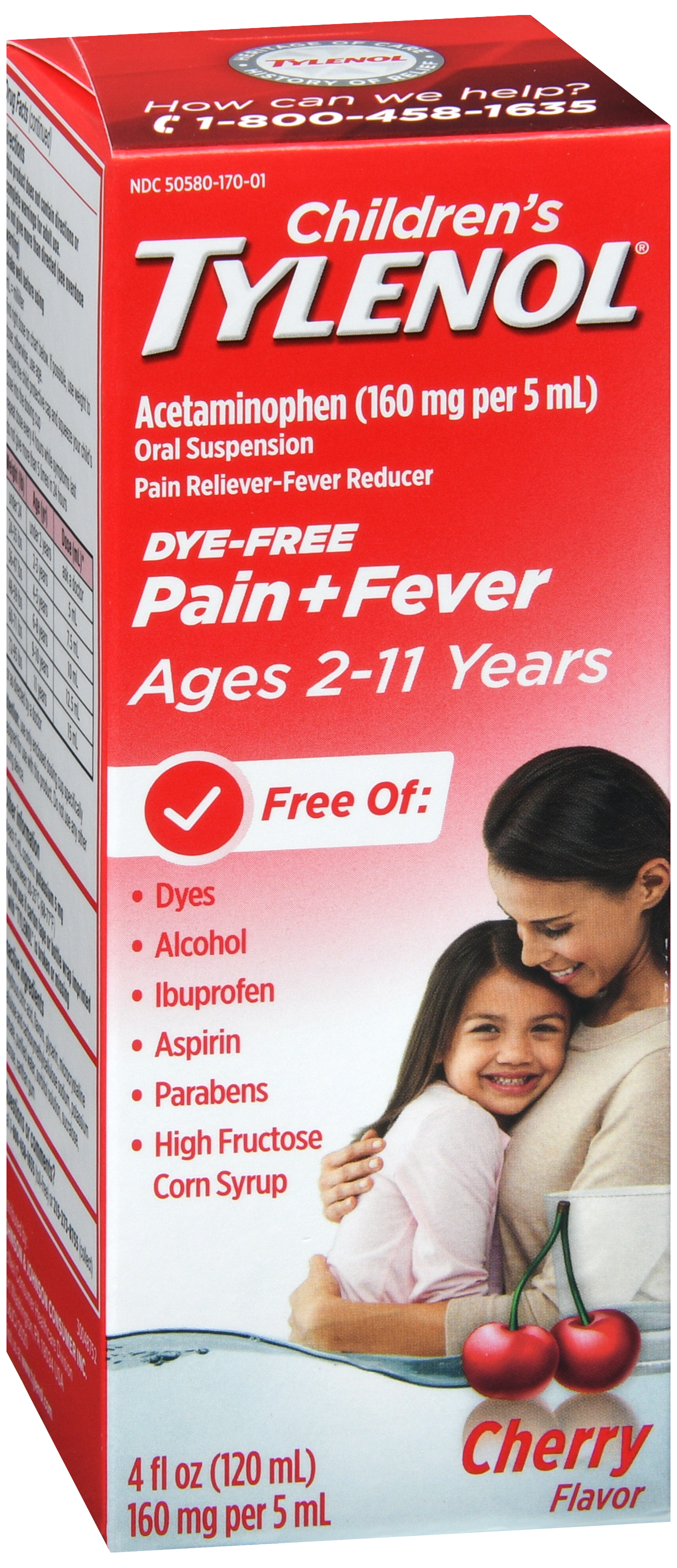 Tylenol Children's Pain + Fever Acetaminophen 160 mg Oral Suspension Dye-Free Cherry – Image 14