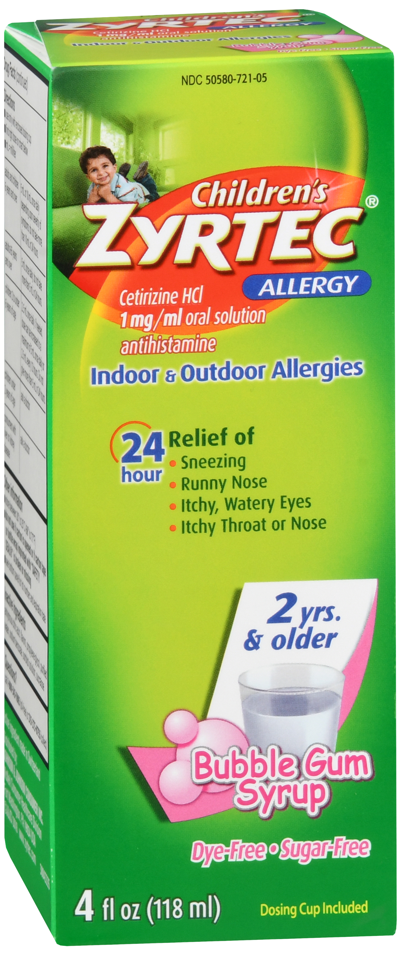Zyrtec Children's Allergy Cetirizine HCI 1 mg/ml 24 Hour Dye Free, Sugar Free Bubble Gum Syrup 4OZ